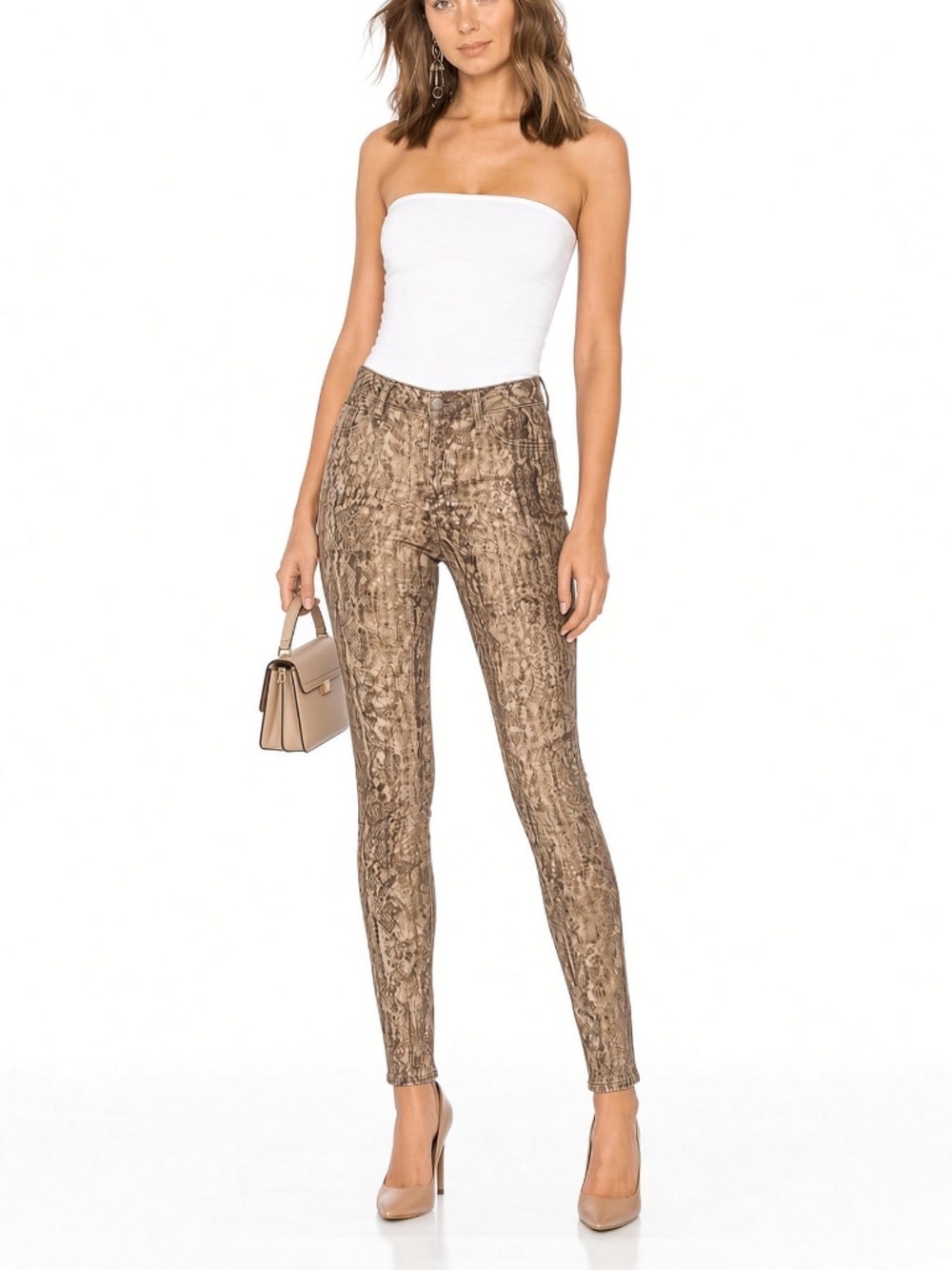 Tory Burch Super Skinny Python Snakeskin Print Denim Jeans Tan 28